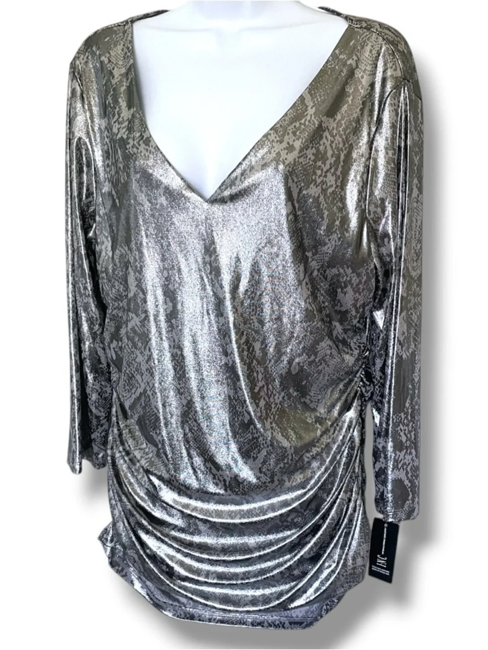 INC International Concepts Metallic Snake Print Ruched Tunic Top XL NWT Stretch - Picture 2 of 8